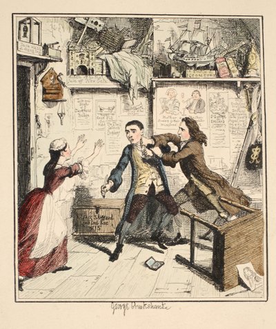 Jack Sheppard vystavuje pomstychtivou postavu, ilustrace z Jack Sheppard: A Romance od Williama Harrisona Ainswortha, publikovaná v roce 1839 (ručně kolorovaný lept) od George Cruikshank