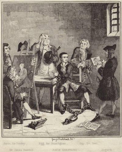 Jack Sheppard si nechal ve vězení namalovat svůj portrét od Sira Jamese Thornhilla od George Cruikshank