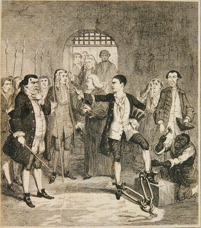 Želízka Jacka Shepparda sražená v Kamenné síni v Newgate, ilustrace z 