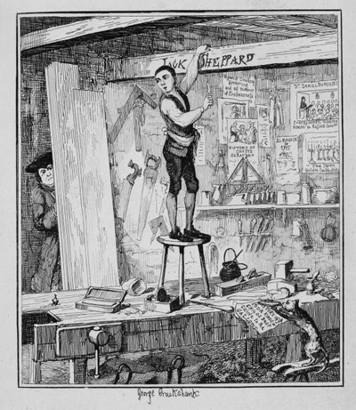 Jack vyryje své jméno na trám v obchodě svého bývalého zaměstnavatele, ilustrace z knihy "Jack Sheppard: A Romance" od Williama Harrisona Ainswortha, vydáno 1839 od George Cruikshank