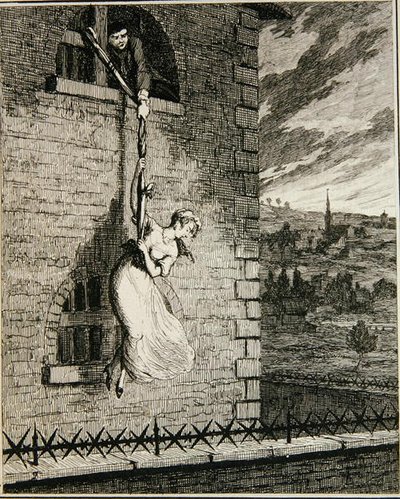 Jack na útěku z Newgate Ward se svou ženou Elizabeth Lyon, ilustrace z 
