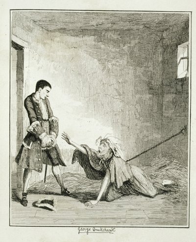 Jack navštěvuje svou matku v Betlémské nemocnici v Londýně, ilustrace z knihy "Jack Sheppard: A Romance" od Williama Harrisona Ainswortha, vydáno 1839 od George Cruikshank