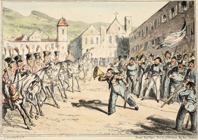 Jacks Trump of Defiance, from Greenwich Hospital, a Series of Naval Sketches, Descriptive of a Life of a Man-of-Wars Man, pub. 1826 (ručně kolorovaná rytina) od George Cruikshank