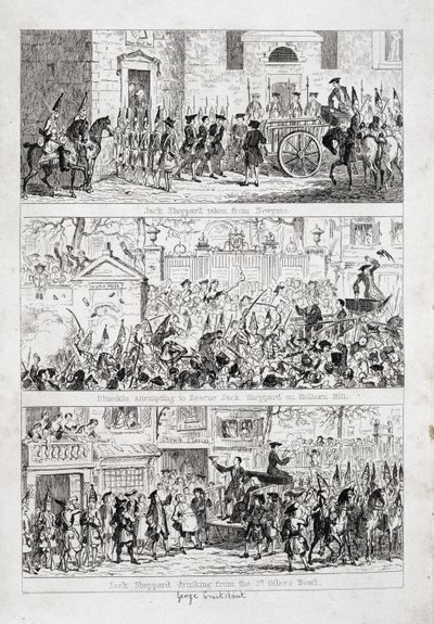 Jackova cesta z Newgate do Tyburnu, ilustrace z „Jack Sheppard: A Romance“ od Williama Harrisona Ainswortha, vydáno 1839 od George Cruikshank