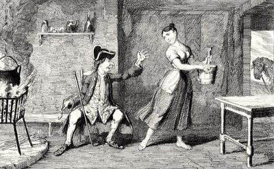 Jeannie Deans v chatě svého otce, ilustrace z „The Heart of Midlothian“ od Sira Waltera Scotta (1771-1832), vydané v roce 1843 od George Cruikshank