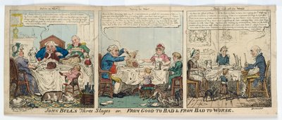 Tři etapy Johna Bulla aneb Od dobrého ke špatnému a Od špatného k horšímu, 1815 (ručně kolorovaná rytina) od George Cruikshank