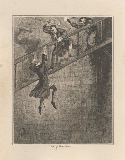 Jonathan Wild hází sira Rowlanda Trencharda do studny od George Cruikshank
