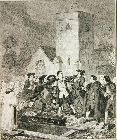 Jonathan Wild se zmocnil Jacka na pohřbu své matky na hřbitově Willesden, ilustrace z „Jack Sheppard: Romance“ od Williama Harrisona Ainswortha, vydáno 1839 (lept) od George Cruikshank