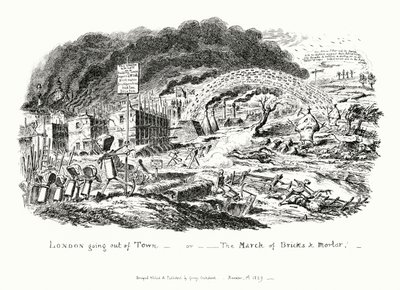 London Going Out of Town, aneb Pochod cihel a malty (rytina) od George Cruikshank
