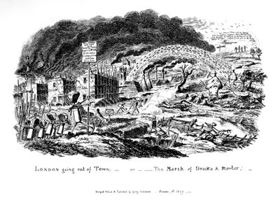 Londýn vycházející z města – aneb Pochod cihel a malty, 1829 od George Cruikshank