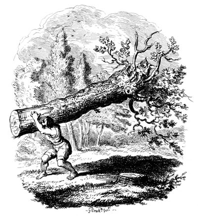 Muž nesoucí velký kmen stromu na rameni, 19. století. od George Cruikshank