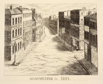 Manchester v roce 1851, z roku 1851 aneb Dobrodružství manželů Sandboyových a jejich rodiny, kteří se přijeli pobavit do Londýna a podívat se na Velkou výstavu, pub. 1851 od George Cruikshank