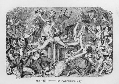 březen, den svatého Patrika (rytina) od George Cruikshank