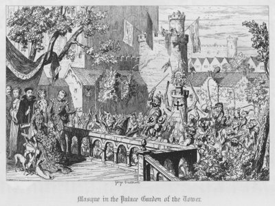 Maska v palácové zahradě věže (rytina) od George Cruikshank