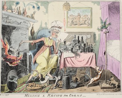 Míchání receptu na kukuřice, pub. 1835 (ručně kolorovaná rytina) od George Cruikshank