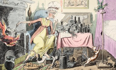 Míchání receptu na kukuřice, pub. 1835 (ručně kolorovaná rytina) od George Cruikshank