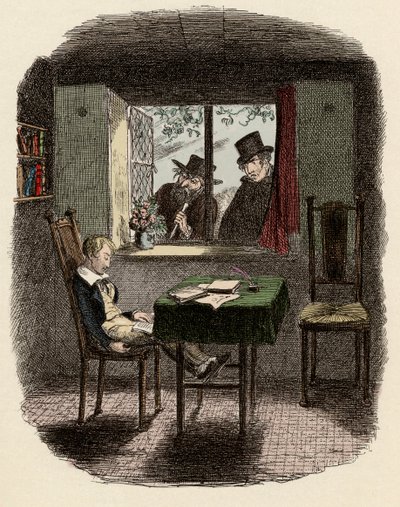 Monks a Fagin pozorují Olivera spícího v Maylie Library - Monks and the Jew - Ilustrace pro ""Oliver Twist"" (Oliver) (Dobrodružství Olivera Twista) od Charlese Dickense (1812-1870), George Cruikshank (1792-1878) ). od George Cruikshank