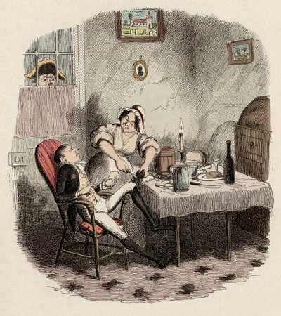 Monsieur Bumble pozoruje Noe Claypolea a Charlottu - Pan Claypole, jak se objevil, když byl jeho pán pryč - Ilustrace k "Oliveru Twistovi" (Olivier) (The Adventures of Oliver Twist) od Charlese Dickense (1812-1870), autor George Cruikshank (1792-1878) . od George Cruikshank