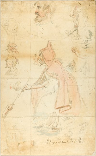 matka Shipton (recto); List náčrtů: Fleur-de-Lis a postavy (verze) od George Cruikshank
