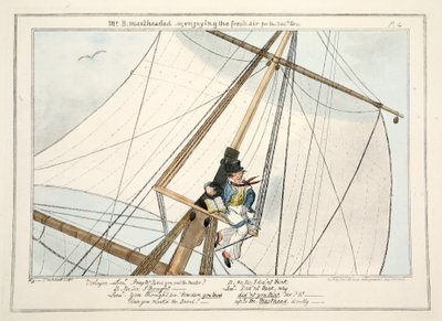 Mr. B. Mastheaded - aneb, užívat si čerstvý vzduch po 304., z The Progress of a Midshipman, 1835 (ručně kolorovaná rytina) od George Cruikshank
