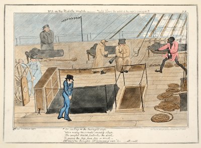 Pan B na prostředních hlídkách - vítr fouká chlad a přicházejí deště, z The Progress of a Midshipman, pub. 1835 (ručně kolorovaná rytina) od George Cruikshank