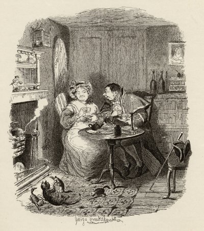 Pan Bumble a paní Corneyová si dávají čaj, z knihy "The Adventures of Oliver Twist" od Charlese Dickense (1812-70), 1838, vydáno nakladatelstvím Chapman und Hall, 1901. od George Cruikshank