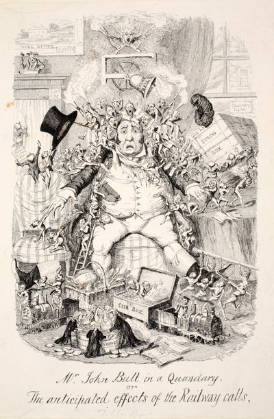 Pan John Bull in a Quandary aneb očekávané účinky železničních hovorů, hospoda. 1845 od George Cruikshank