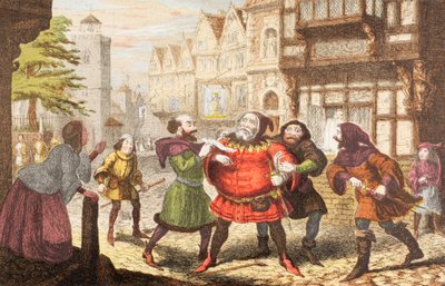 Paní Quicklyová nechala sira Johna Falstaffa zatknout v Jindřichu IV., část 2, z „The Illustrated Library Shakespeare“, vydané v Londýně 1890 od George Cruikshank