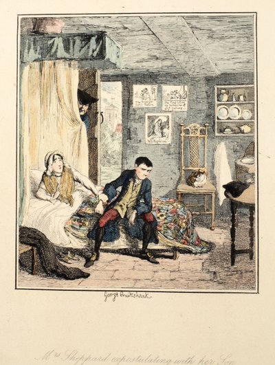 Paní Sheppardová expostuluje se svým synem, ilustrace z Jack Sheppard: A Romance od Williama Harrisona Ainswortha, vydáno 1839 (ručně kolorovaný lept) od George Cruikshank