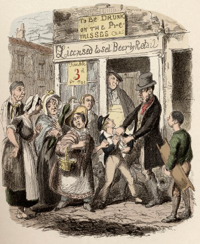 Nancy a Sikes unesou Olivera na ulici - Oliver se dožaduje svých láskyplných přátel - Ilustrace k "Oliveru Twistovi" (Olivier) (The Adventures of Oliver Twist) od Charlese Dickense (1812-1870), autor George Cruikshank (1792-1878) . od George Cruikshank