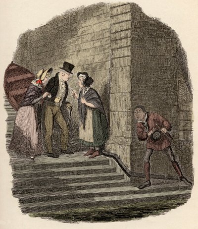 Noe Claypole špehuje tajnou schůzku mezi panem Brownlowem, Rose Maylie a Nancy - Setkání - Ilustrace pro ""Oliver Twist"" (Olivier) (Dobrodružství Olivera Twista) od Charlese Dickense (1812-1870), George Cruikshank (1792-1878). od George Cruikshank