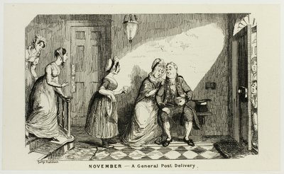 Listopad - Obecná poštovní zásilka v opozici od ocelových leptů George Cruikshanka ke komiksovým almanachům: 1835-1853 od George Cruikshank