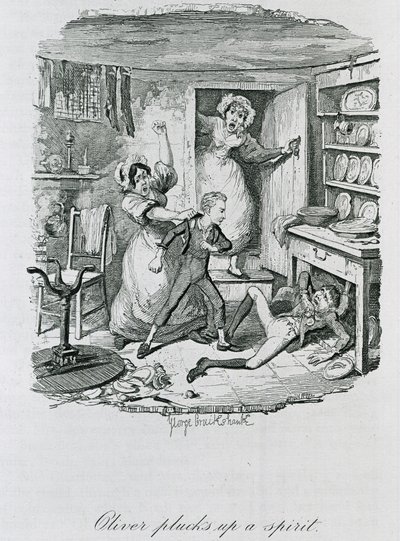 Oliver trhá ducha, 1837 od George Cruikshank