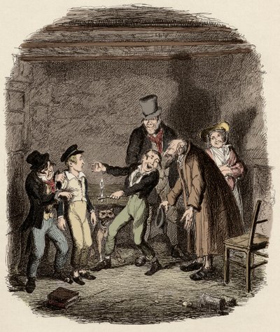 Přijetí Olivera Twista starým Faginem a jeho týmem - Přijetí Olivera Faginem a chlapci - Ilustrace k "Oliveru Twistovi" (Olivier) (The Adventures of Oliver Twist) od Charlese Dickense (1812-1870), autor George Cruikshank (1792-1878) . od George Cruikshank