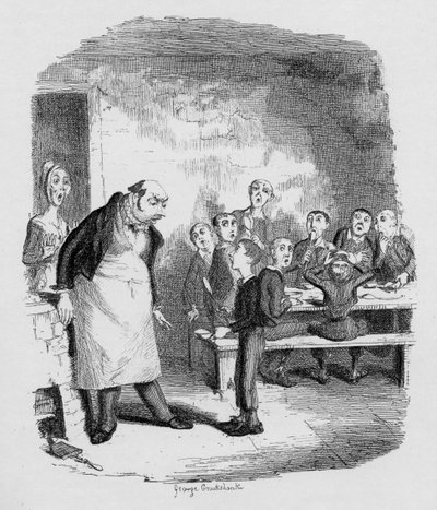 Oliver žádá více, z „Dobrodružství Olivera Twista“ od Charlese Dickense (1812-70) 1838, vydáno Chapman und Hall, 1901 od George Cruikshank