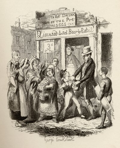 Oliver, kterého si nárokují jeho laskaví přátelé, z knihy "The Adventures of Oliver Twist" od Charlese Dickense (1812-70), 1838, vydáno nakladatelstvím Chapman und Hall, 1901. od George Cruikshank