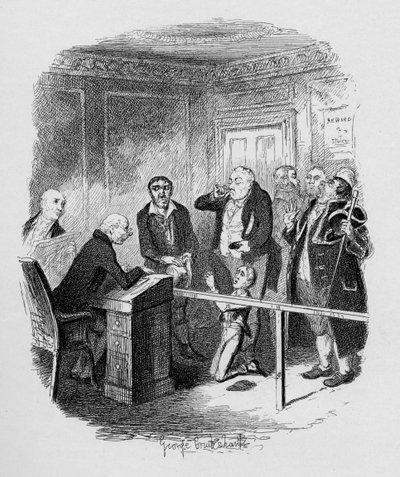 Oliver uteče, když je připoután jako učeň k zametání, z „Dobrodružství Olivera Twista“ od Charlese Dickense (1812-70) 1838, vydaného Chapman und Hall, 1901 od George Cruikshank