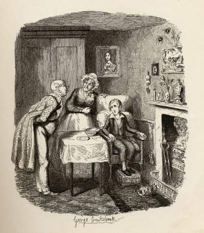Oliver se zotavuje z horečky, z knihy "The Adventures of Oliver Twist" od Charlese Dickense (1812-70), 1838, vydáno nakladatelstvím Chapman und Hall, 1901. od George Cruikshank