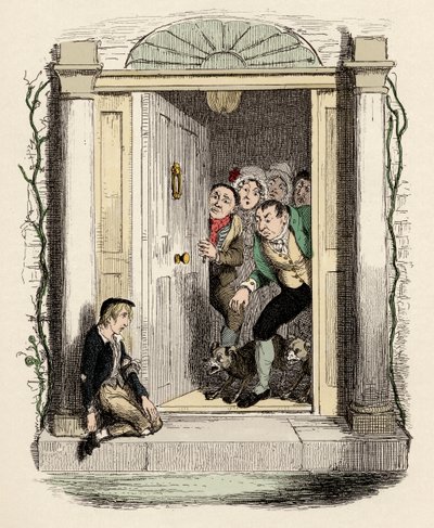 Oliver rány a výfuky žádá o pomoc - Oliver Twist u dveří paní Mayliesové - Ilustrace k "" Oliver Twist "" (Olivier) (Dobrodružství Olivera Twista) od Charlese Dickense (1812-1870), George Cruikshank (1792-1878) . od George Cruikshank