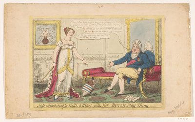 Princezna Charlotte si hrála se svým holandským káčem, 1814 Slečna, která se snaží vzbudit záře svou holandskou hrací věcí (název na předmětu) od George Cruikshank