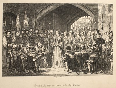 Queen Janes Entrance into the Tower, from The Tower of London, pub. 1840 od George Cruikshank