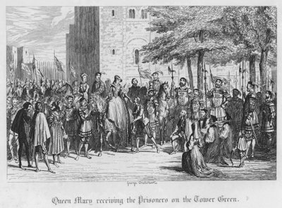 Queen Mary přijímá vězně na Tower Green (rytina) od George Cruikshank