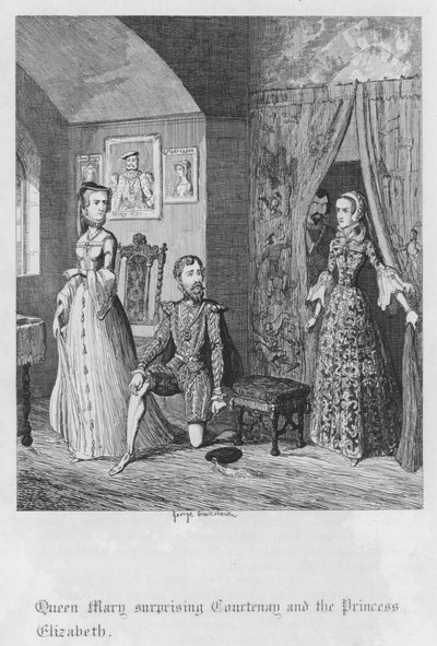 Queen Mary překvapující Courtenay a princeznu Alžbětu (rytina) od George Cruikshank