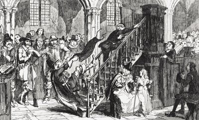 Reverend Holdenough během bohoslužby, ilustrace z „Woodstock“ od sira Waltera Scotta (1771-1832) publikovaná v roce 1845 od George Cruikshank