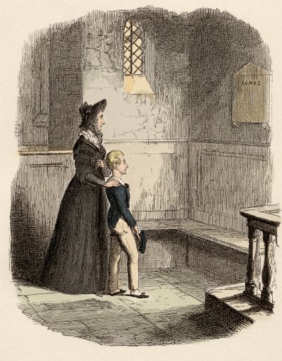 Rose Maylie a Oliver před pamětní deskou Agnes, jejich sestry a matky - Rose Maylie a Oliver - Ilustrace pro „“Oliver Twist““ (Olivier) (Dobrodružství Olivera Twista) od Charlese Dickense (1812-1870), od George Cruikshank (179 od George Cruikshank