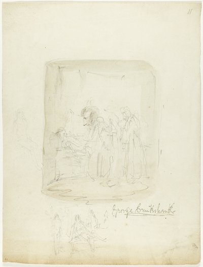 List s náčrtky a autoportrétem od George Cruikshank