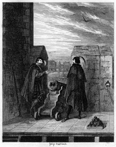 Simon Renard a Winwike správce na střeše Bílé věže, 1553 1840. od George Cruikshank
