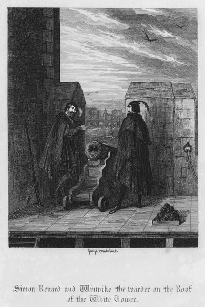 Simon Renard a strážce Winwike na střeše Bílé věže (rytina) od George Cruikshank