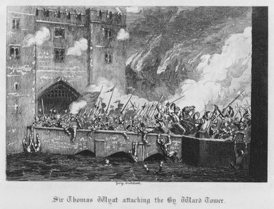 Sir Thomas Wyatt útočí na Byward Tower (rytina) od George Cruikshank