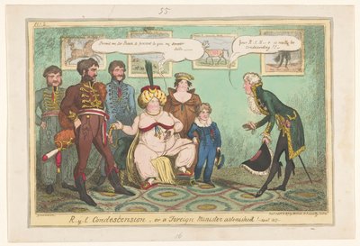 Spotprent op prines Caroline, 1817 R-y-l blahosklonnost nebo ministr zahraničí užaslý! od George Cruikshank
